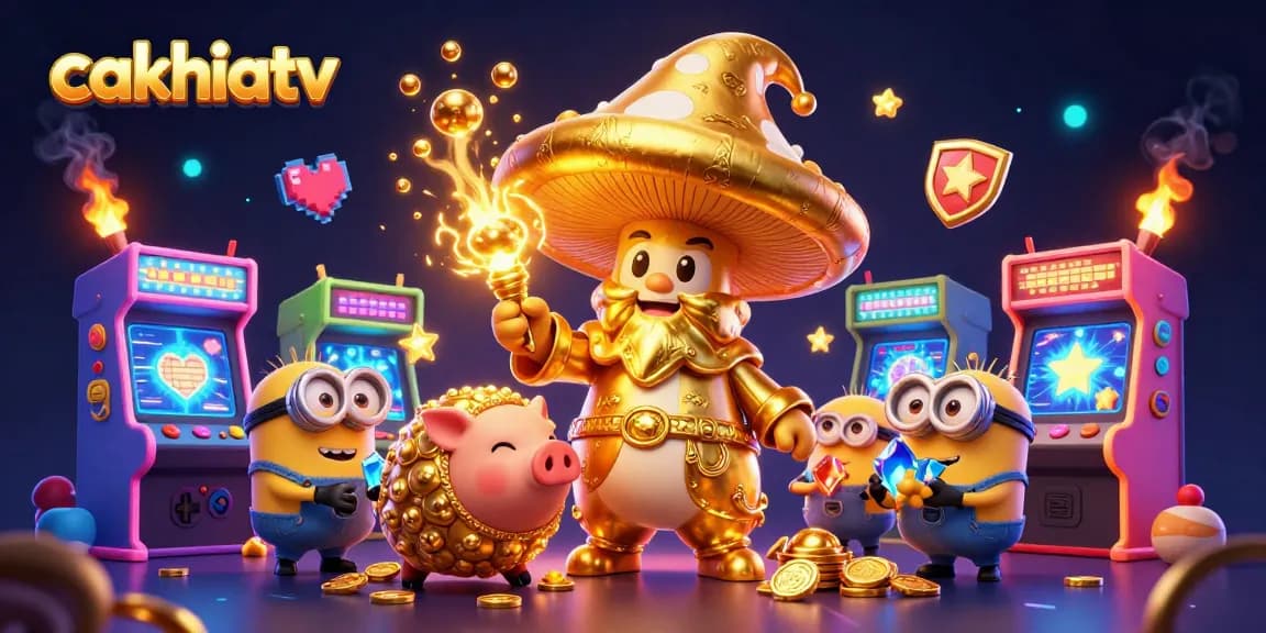 Experience the excitement of cakhiatv with a golden mushroom wizard and treasures in a magical casino world.