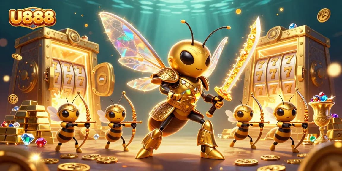 Engaging U888 gameplay with a dynamic scene featuring energetic characters and abundant winning symbols.
