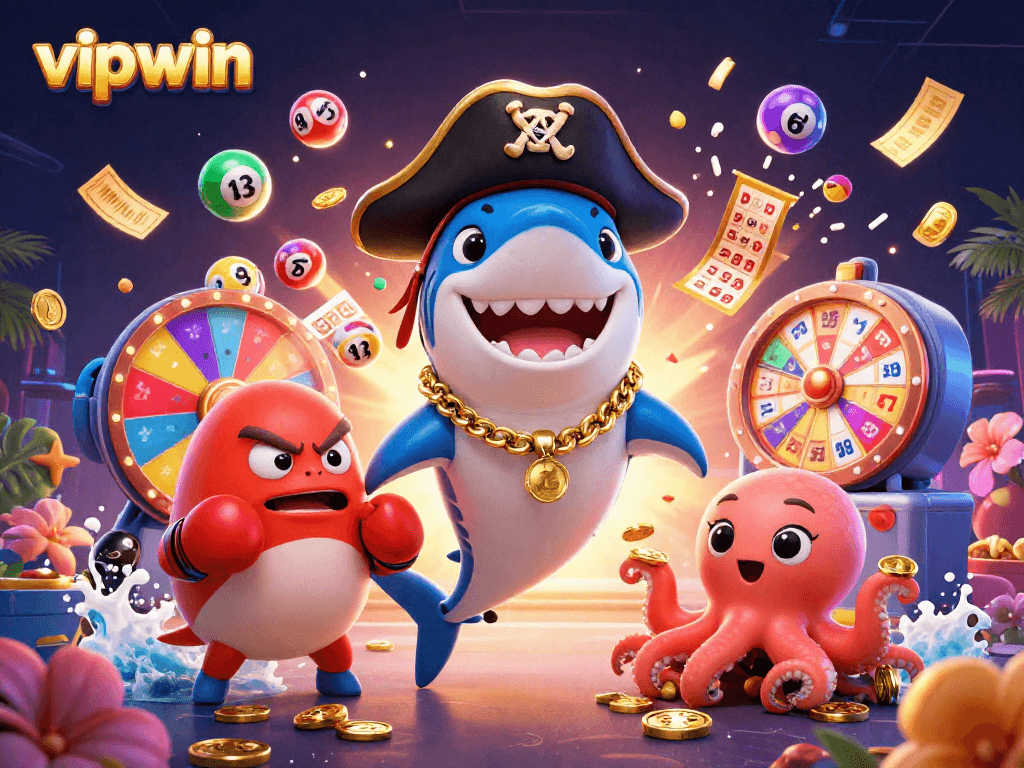 Engage in thrilling games at vipwin with vibrant lottery balls and animated characters.