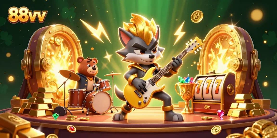 Experience the excitement of 88vv with a rock star wolf and bear drummer on a dynamic casino stage.