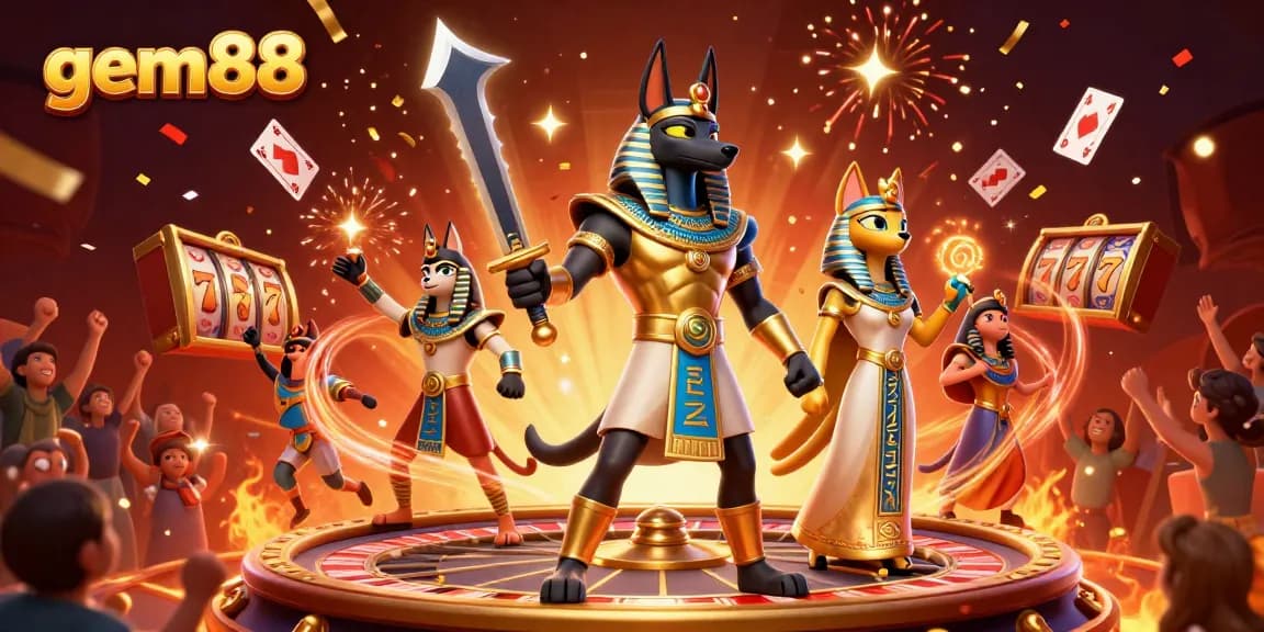 Experience exciting gameplay at gem88 with Anubis and Bastet amidst a vibrant casino burst of colors.