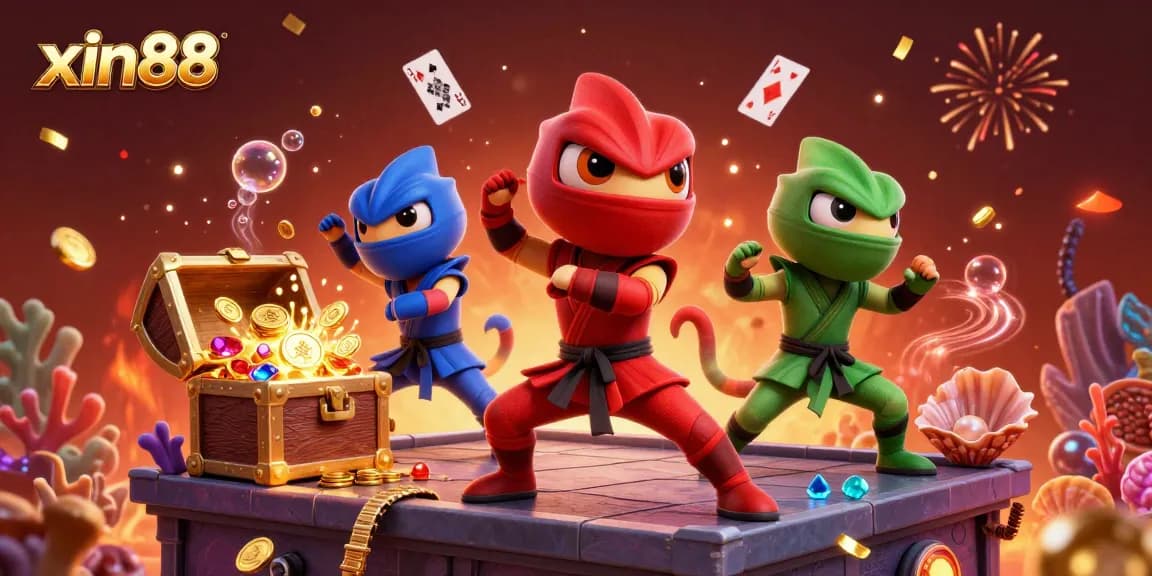 Engage in exciting gaming with xin88 as ninja chameleons perform synchronized martial arts amidst dynamic casino elements.