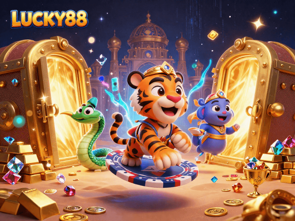 Spin the Lucky88 reels with vibrant gold treasures and exciting casino elements!