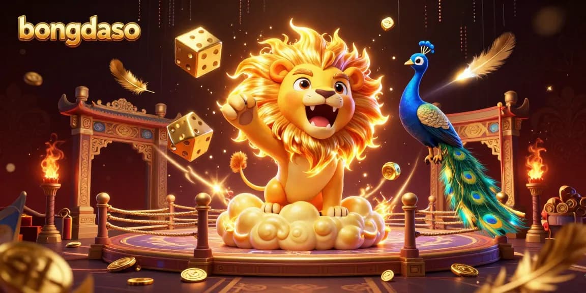 Bongdaso features an energetic 3D cartoon lion and vibrant casino elements in a dazzling scene.