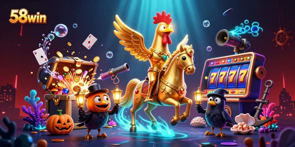 Experience excitement at 58win's casino with vibrant golden rooster illustration.