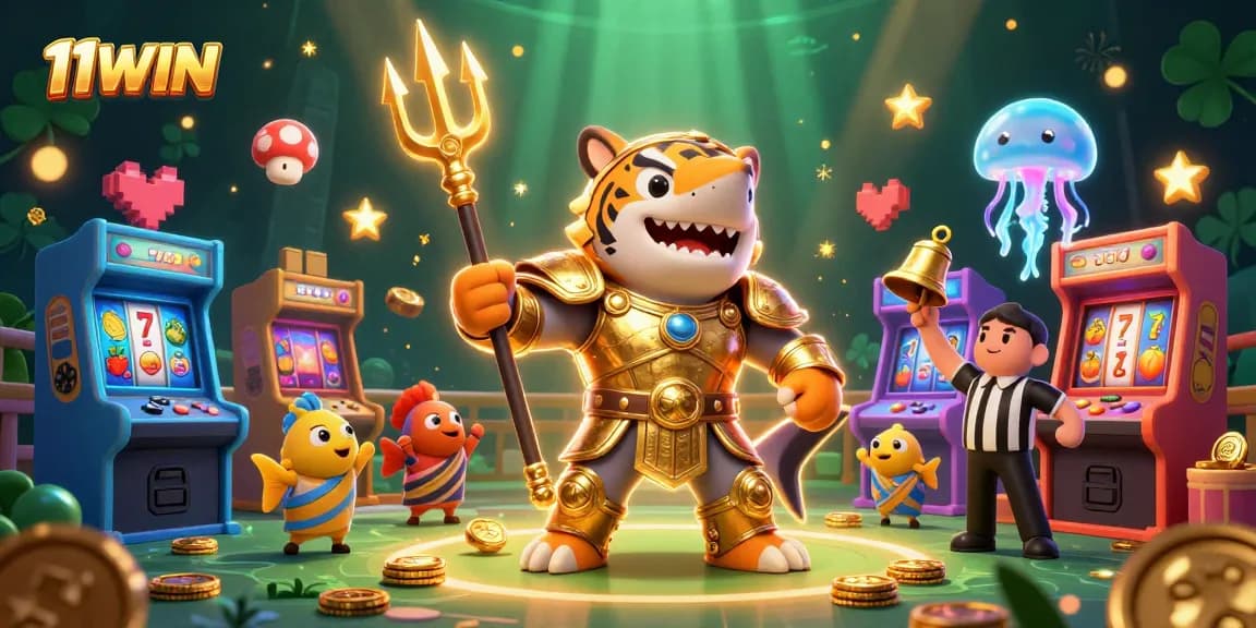 Experience the excitement of 11WIN with this dynamic scene featuring a gladiator shark and vibrant gaming elements.