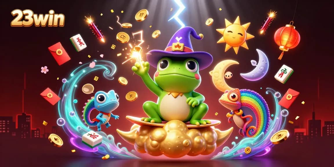 Experience the excitement of 23win with a vibrant scene featuring a weather wizard frog and a rainbow chameleon.