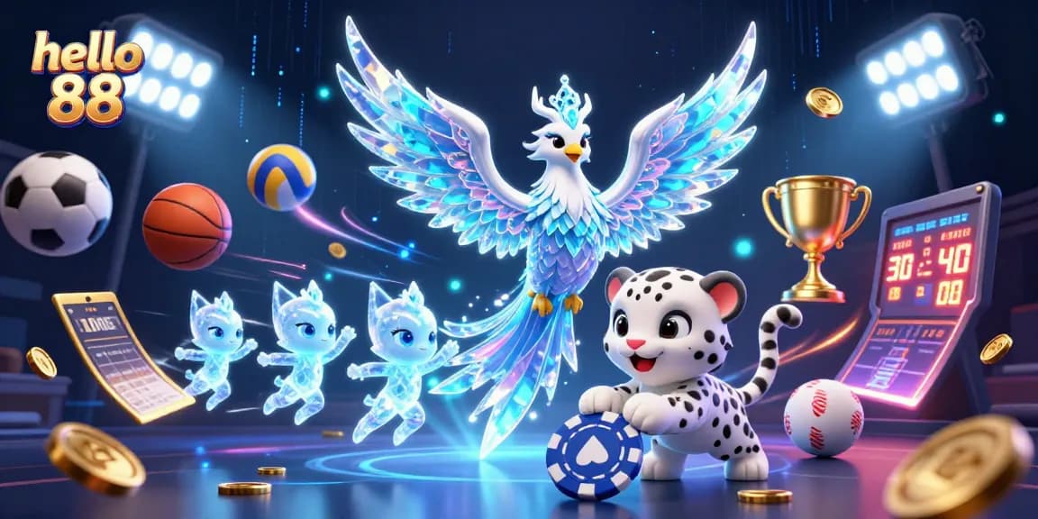 Engage with thrilling moments at hello 88, showcasing a vibrant, animated gambling scene with dynamic characters and sports elements.