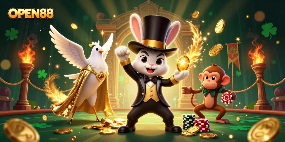 Experience the magic of OPEN88 with a whimsical 3D illustration featuring a magician, dove, and monkey among casino treasures.