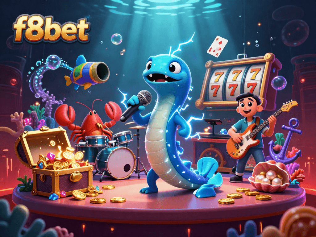 Engage with f8bet at an underwater casino featuring an electric eel DJ, lively band, and vibrant game elements.