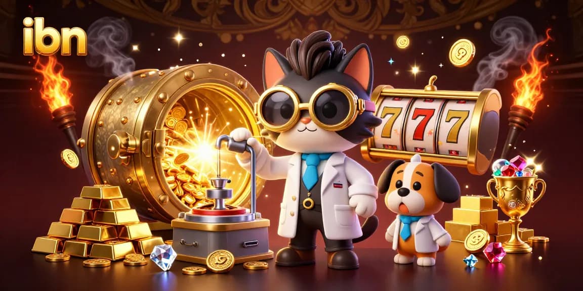 ibn creates excitement with a cartoon scientist crafting winning slots and treasures in a vibrant casino