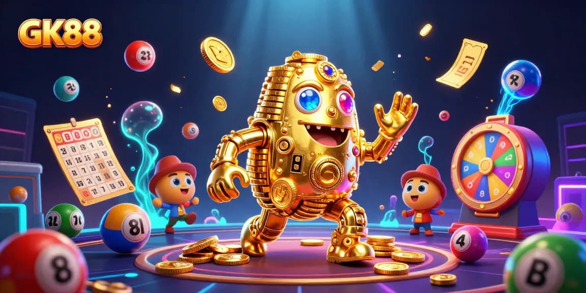 Experience thrilling gaming action with GK88's vibrant scene featuring a dynamic golden golem and colorful elements.