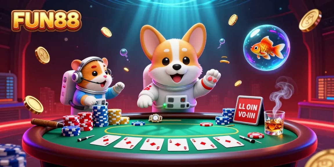 Experience FUN88 with a vibrant casino atmosphere featuring a playful astronaut corgi and a hamster guiding bets.