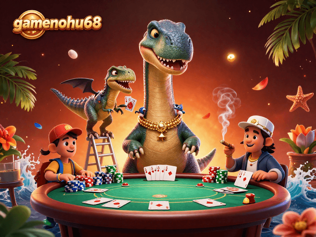 Experience vibrant gameplay at gamenohu68 with a dramatic casino scene featuring unique characters.
