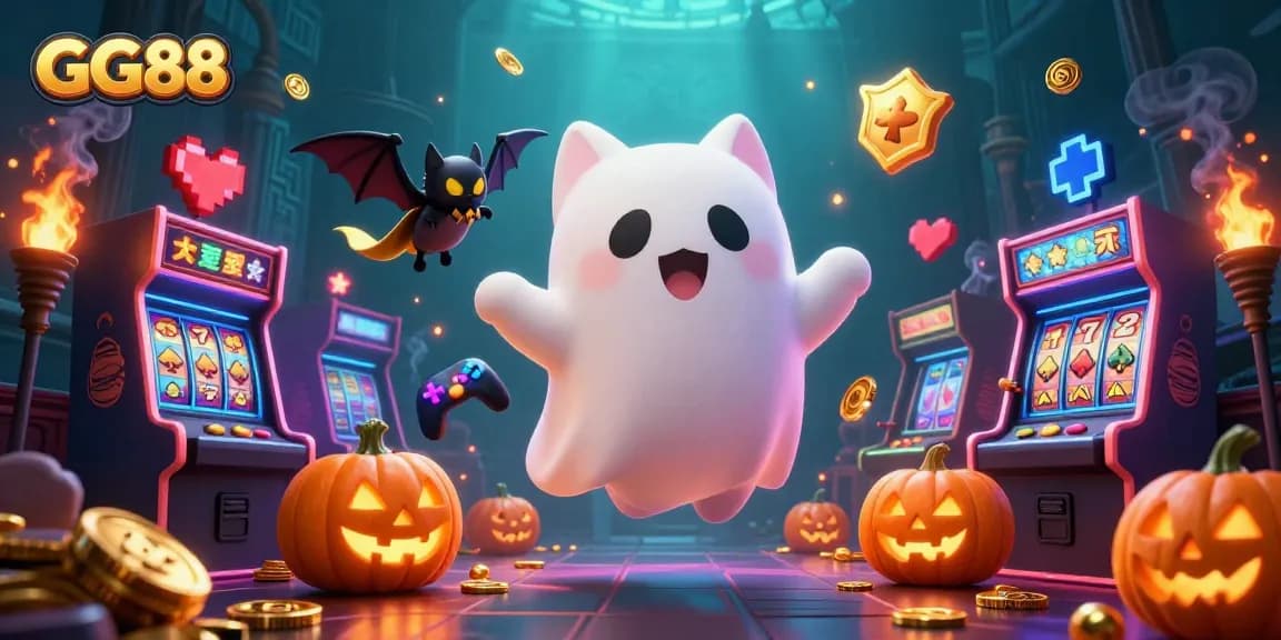 Experience the thrill of GG88 with a ghost cat and vampire bat in a vibrant casino scene.