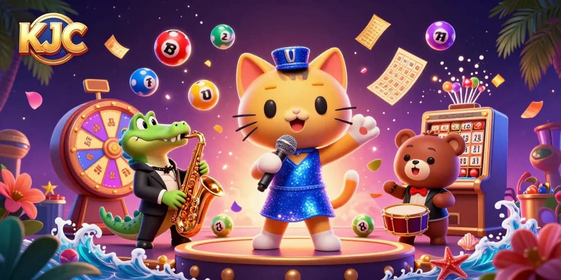 KJC transforms gameplay with vibrant 3D characters in a dynamic casino scene featuring lottery and bingo elements.