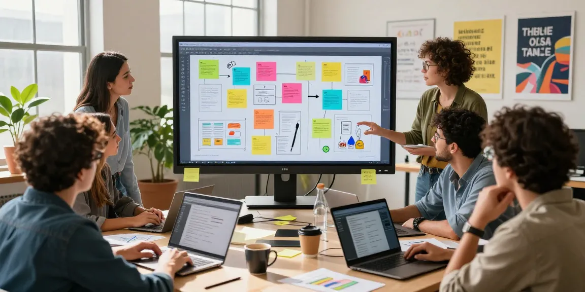 Diverse team collaborating on a mix board project in a bright co-working space, showcasing creativity and teamwork.