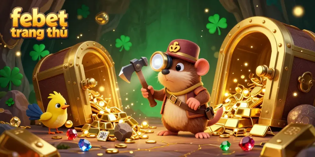 Discover the excitement of febet trang chủ with a vibrant treasure-themed 3D casino illustration featuring a mole and canary.