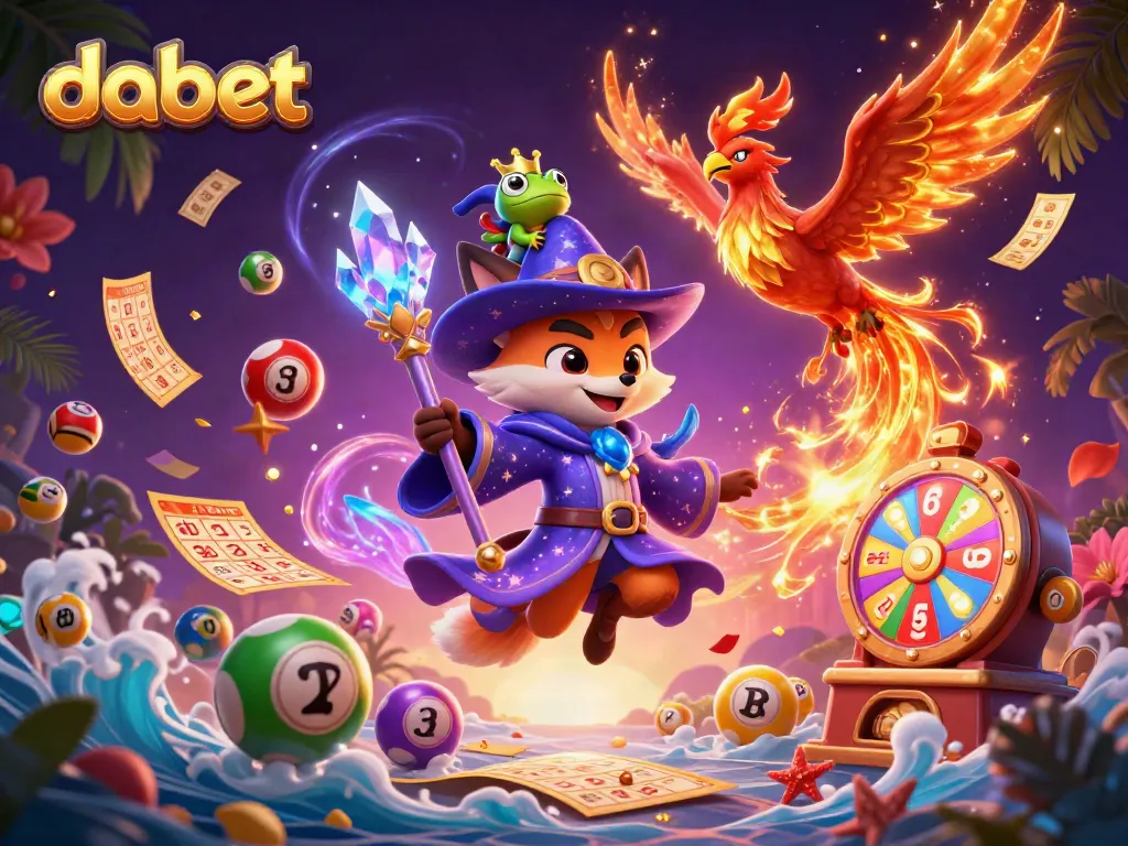 Dabet players celebrate their wins surrounded by colorful lottery elements and magical characters in a vibrant casino scene.