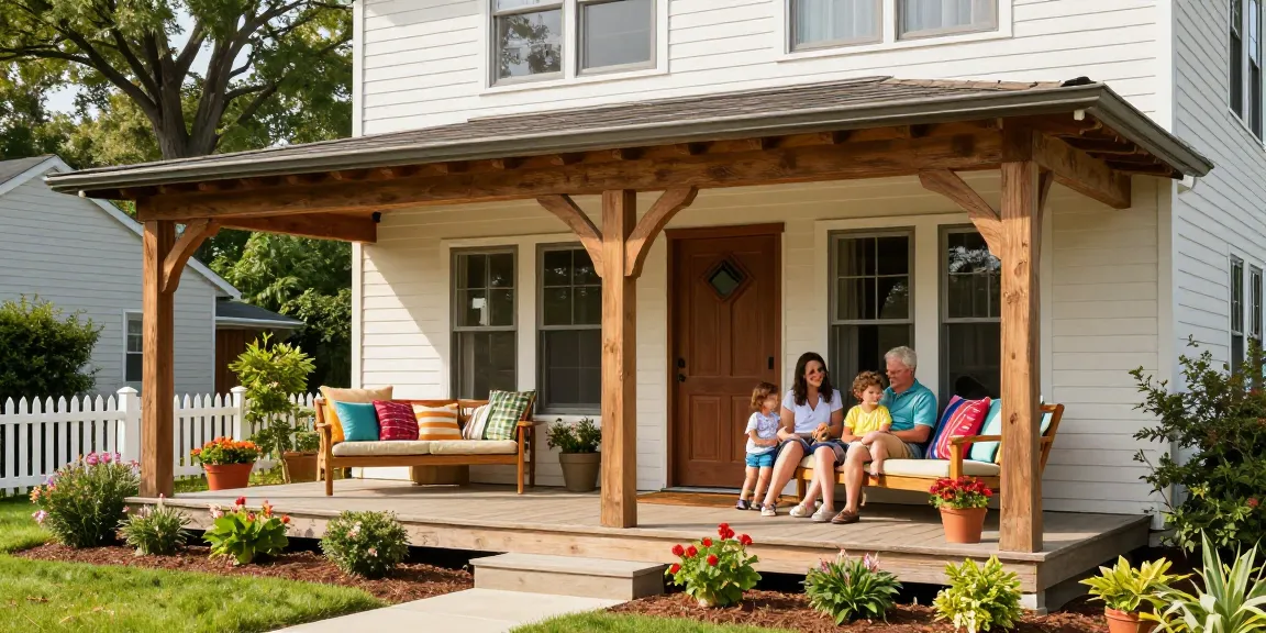 Relaxed family gathering on an inviting oak frame porch, showcasing detailed craftsmanship and vibrant garden.