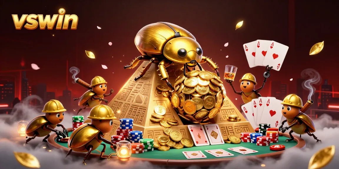 Experience lucrative gaming with the dynamic vswin illustration of a golden beetle and casino elements.