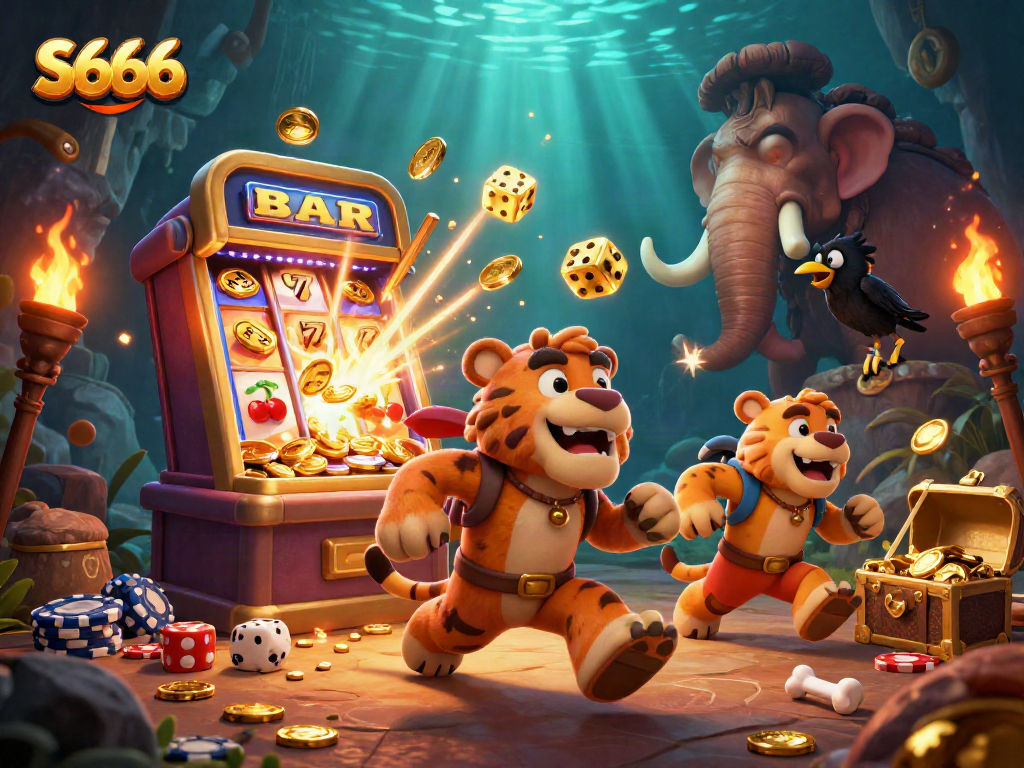 Engage with S666 in a vibrant prehistoric casino scene with exciting gaming elements.
