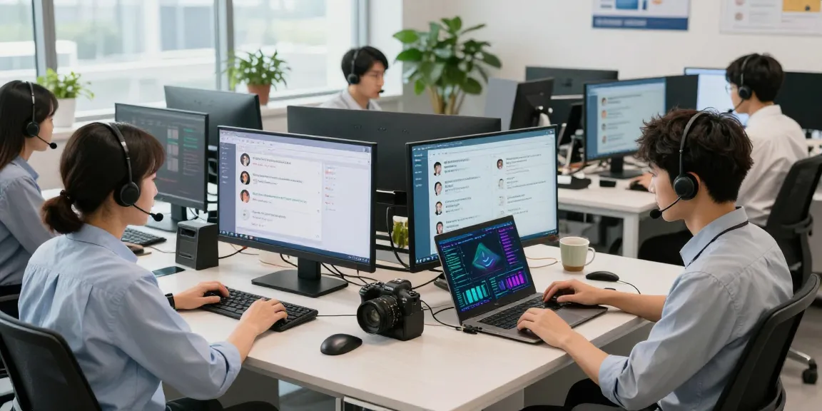 客戶支持代理在現代服務中心利用美洽的AI平台，展示團隊合作和技術。