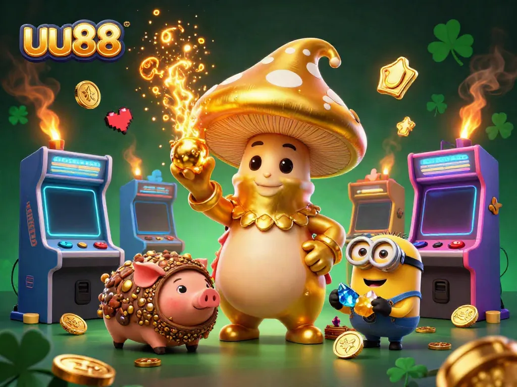 Experience the magic of uu88 with a golden mushroom wizard and treasures in a vibrant casino-themed scene.