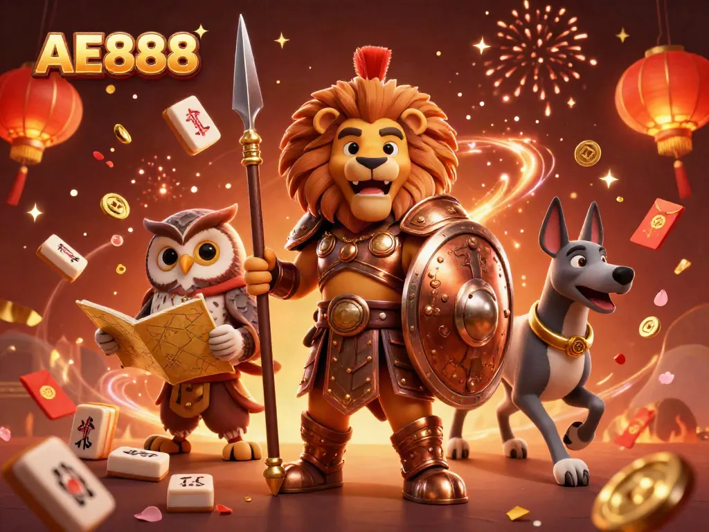 Experience AE888's thrilling online gaming world with a dynamic 3D illustration of casino elements.