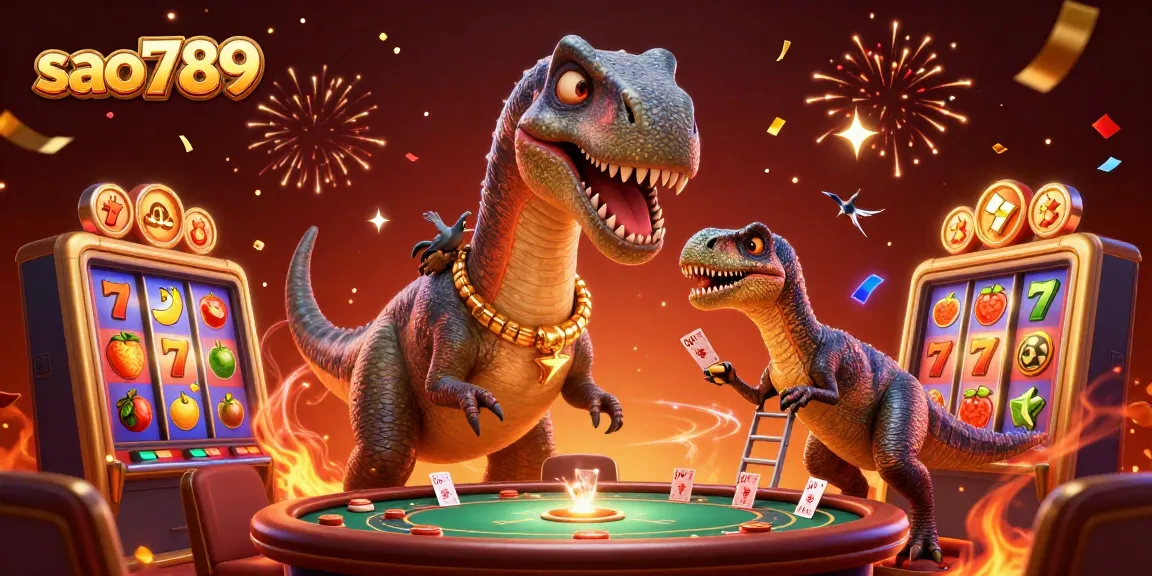 Experience thrilling gameplay at sao789 with a giant dinosaur dealer and exciting slot elements in a vibrant casino setting.