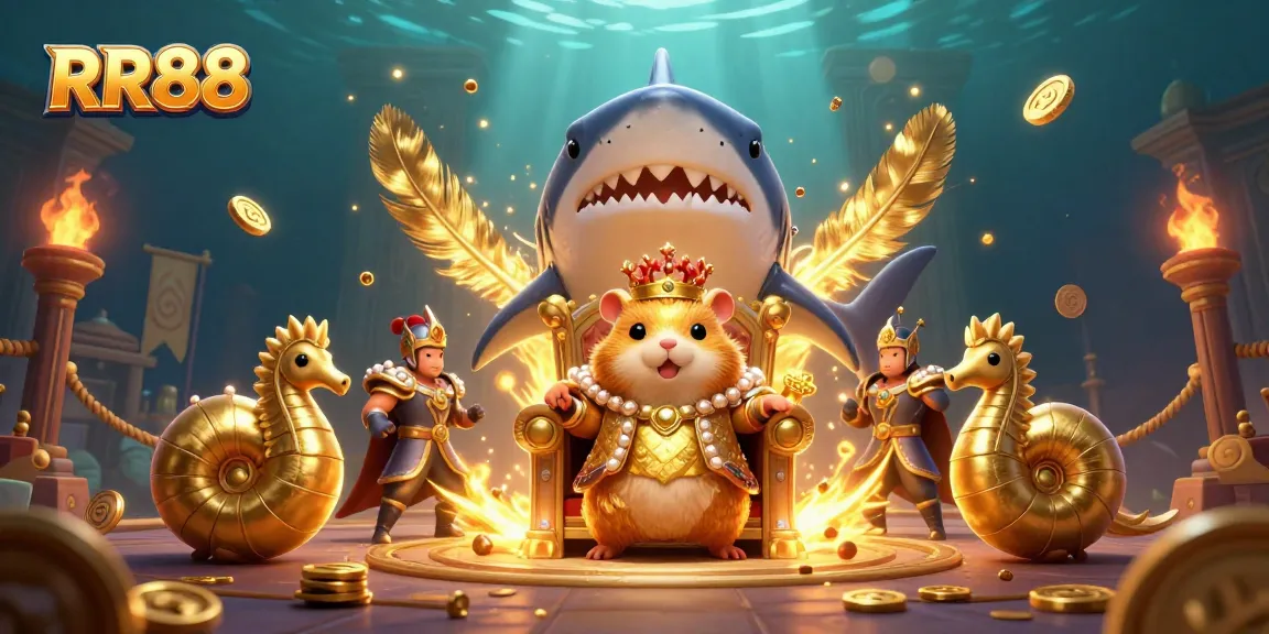 Engage with RR88's vibrant online casino atmosphere featuring golden hamster king and seahorse guards.