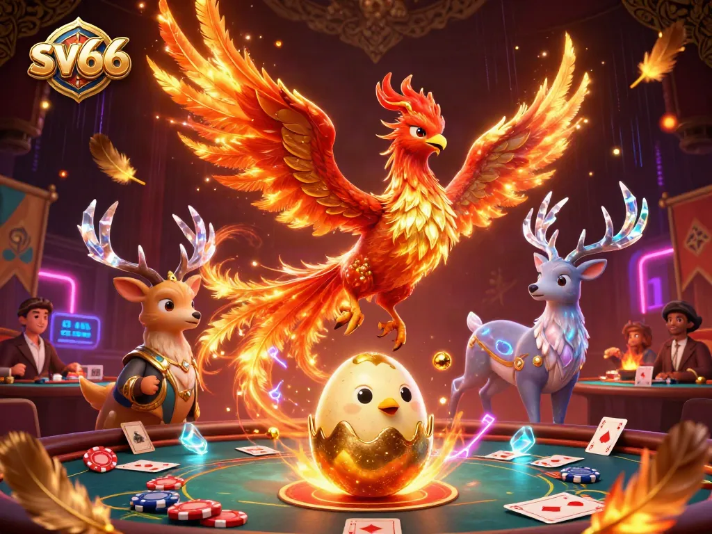 Engage with sv66 thrilling poker showdown featuring a fire phoenix and mystical stag amidst vibrant casino elements.