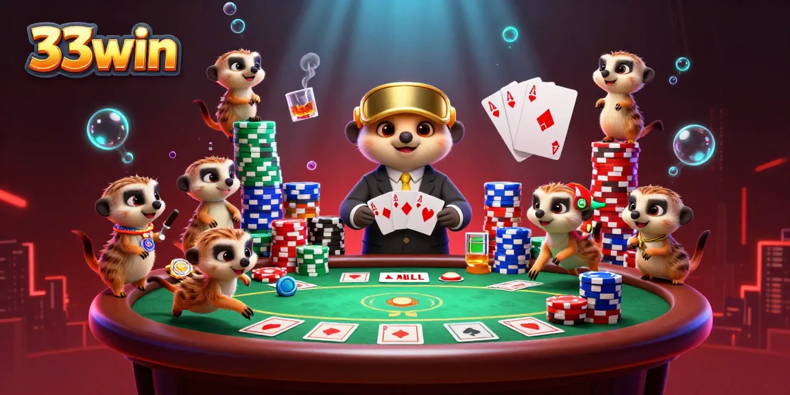 Experience thrilling gameplay at 33win with energetic meerkats in a colorful casino scene.