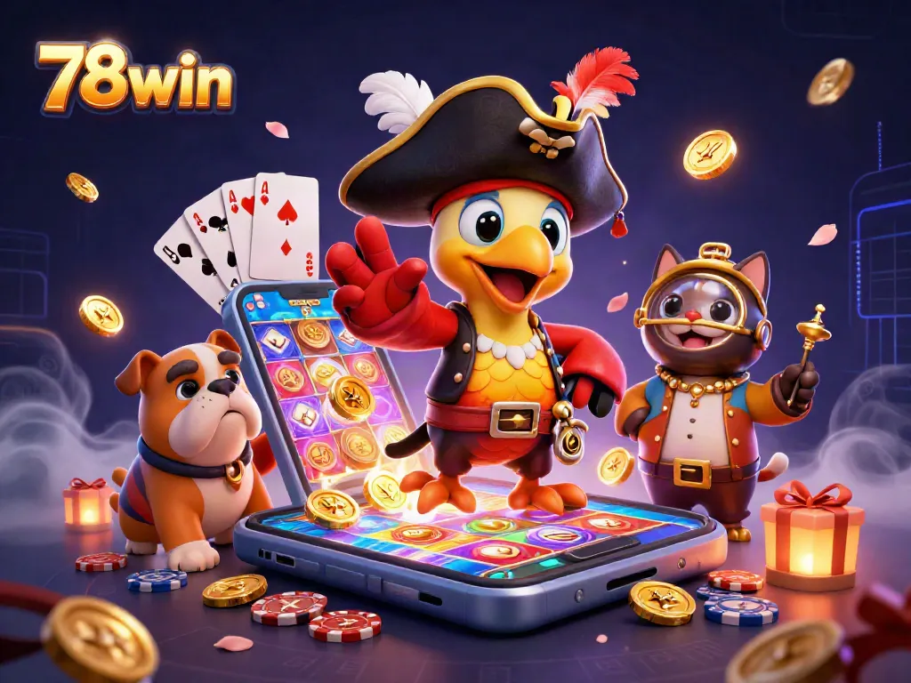 Experience thrilling games at 78win with pirate-themed characters and vibrant casino elements.