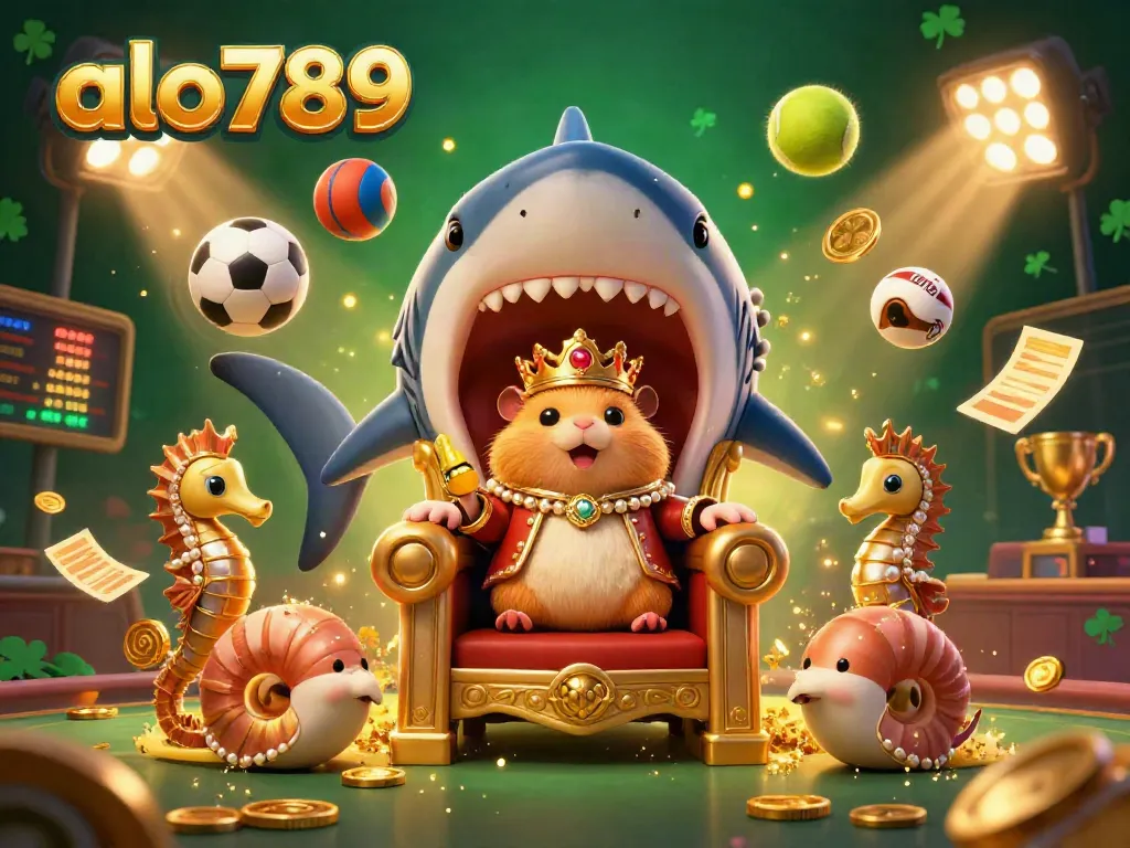 A captivating illustration showcasing alo789's vibrant casino scene with a hamster king on a shark tooth throne, sports betting elements, and a dynamic atmosphere.