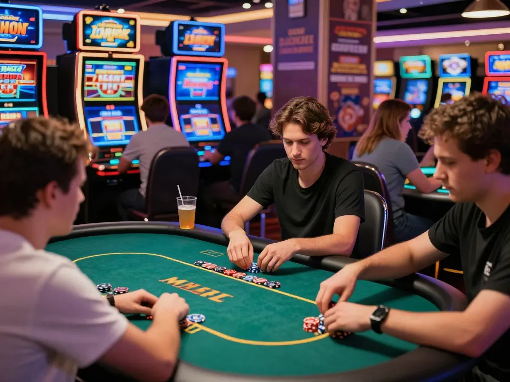 Exciting gaming experience at casinos not on GamStop with diverse players enjoying poker, slots, and roulette.