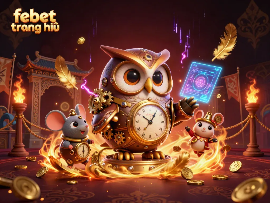 Experience thrilling gameplay with febet trang chủ, featuring a playful time-traveler owl and casino elements.