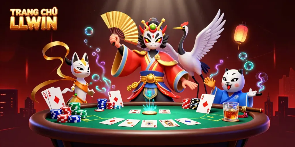 Experience the dynamic scene of TRANG CHỦ LLWIN with stunning 3D characters and casino elements.