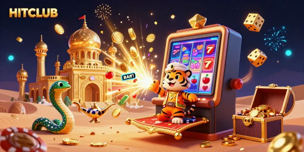 Experience HITCLUB's vibrant casino scene featuring a tiger sultan, a flying carpet, and jackpots bursting with coins.