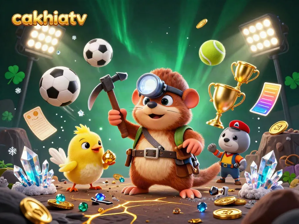 Cakhiatv engaging treasure hunter scene with glowing gems and dynamic sports elements.