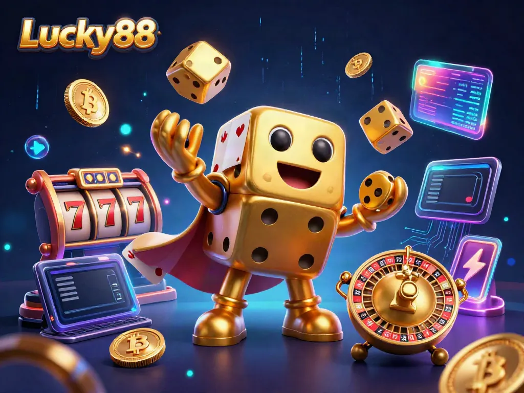 Spin and win with Lucky88's vibrant casino elements featuring golden dice and exciting jackpots.