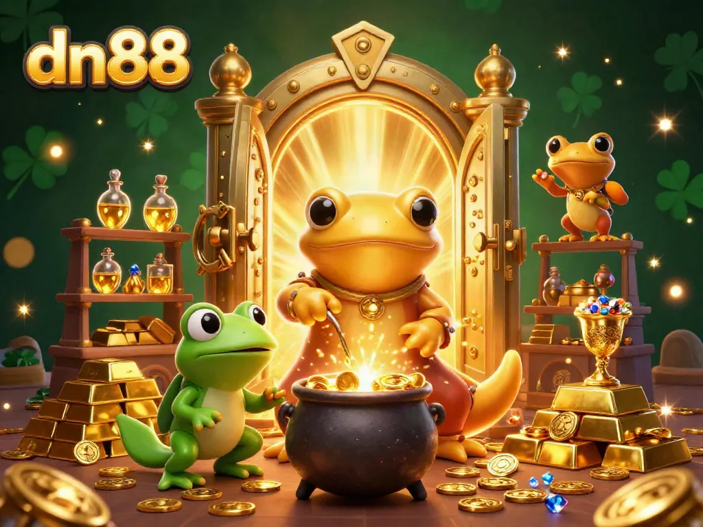 dn88 players win big in a vibrant casino scene filled with gold coins and enchanting characters.