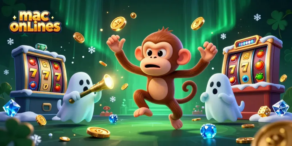 Experience the excitement of mac online casinos with an engaging 3D illustration featuring a playful poltergeist monkey.