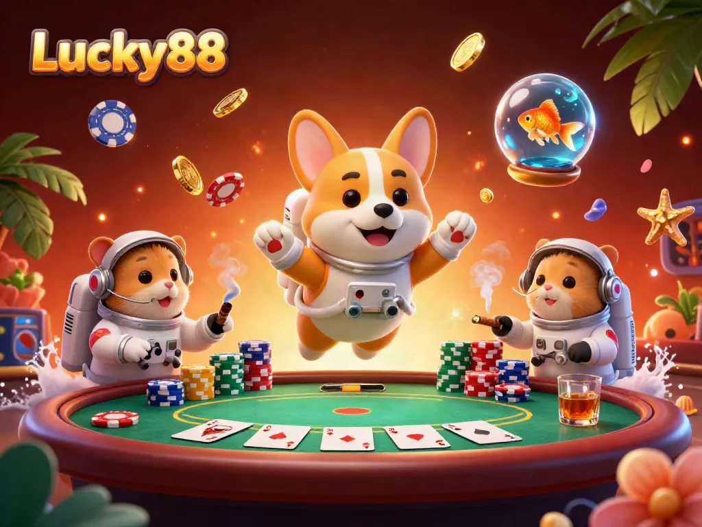 Experience Lucky88 with a dynamic 3D casino scene featuring colorful poker chips and characters entertaining in space.