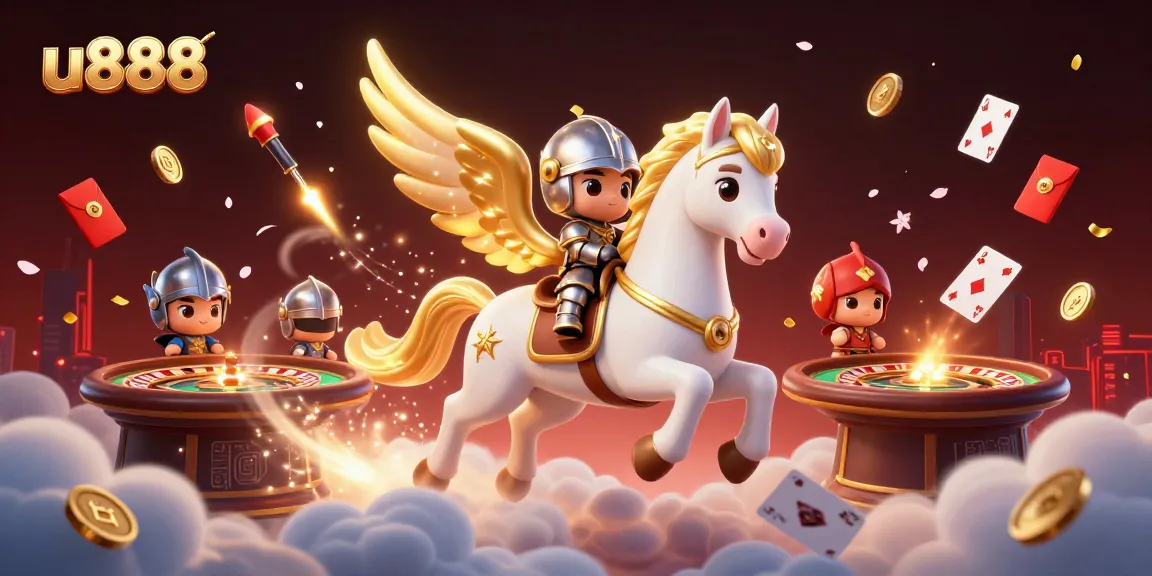 Experience thrilling wins at u888 with a dynamic scene of a celestial horse and knight amidst casino elements.