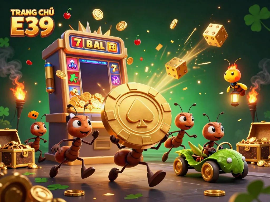 Engaging TRANG CHỦ E39 casino scene with ants carrying a giant poker chip, vibrant game symbols, and dynamic elements.