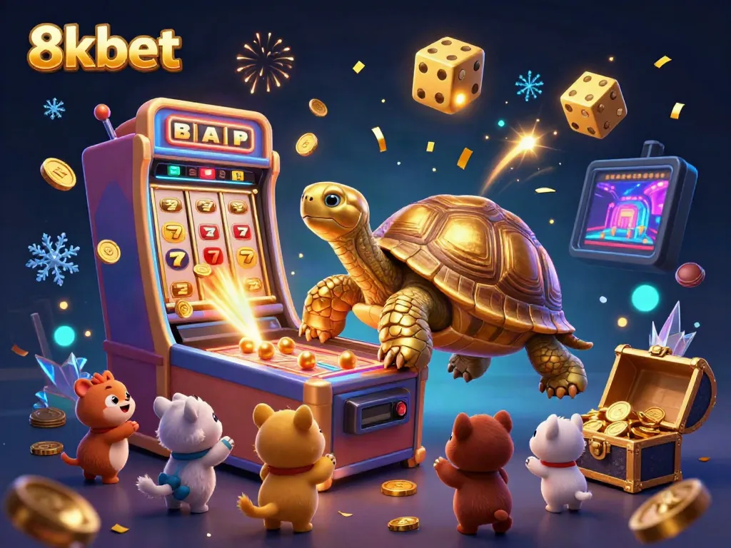 Experience the excitement of gaming at 8kbet with a fun 3D casino scene featuring games and characters.