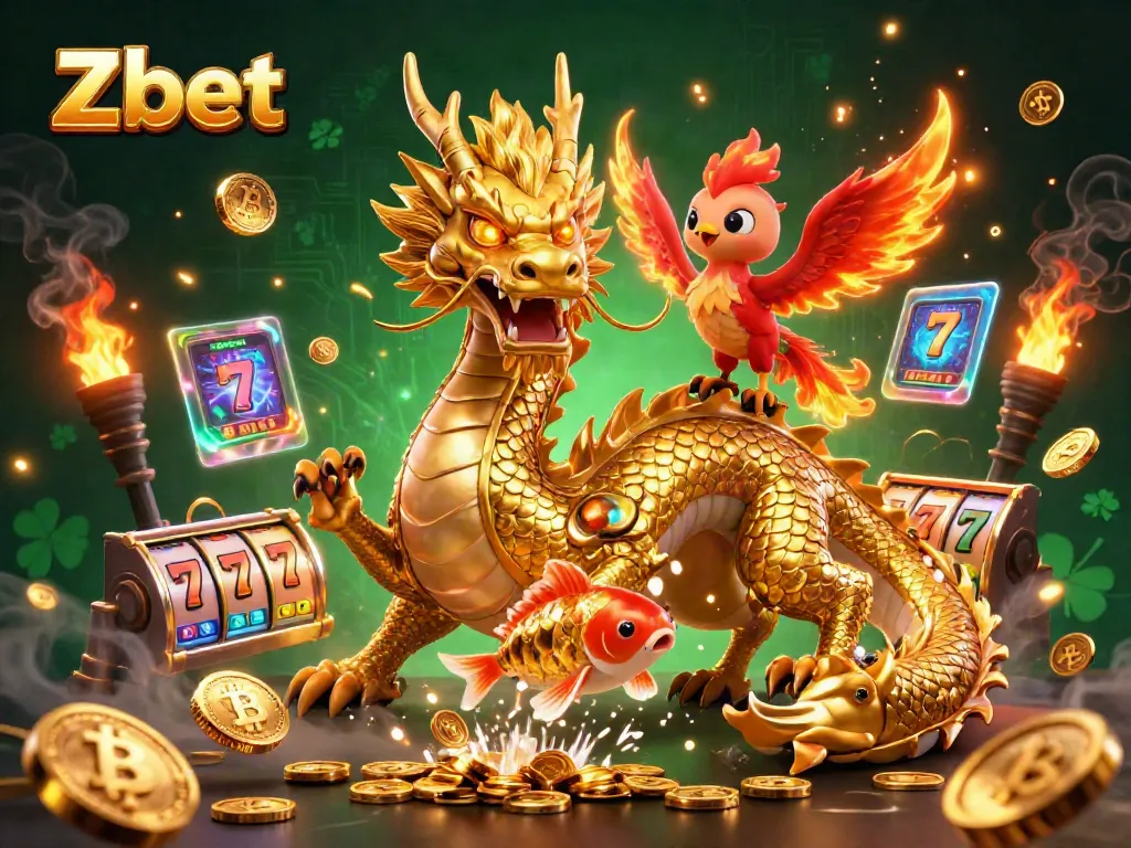 Experience thrilling gameplay at Zbet with a golden dragon and phoenix amidst slot reels and winning coins.