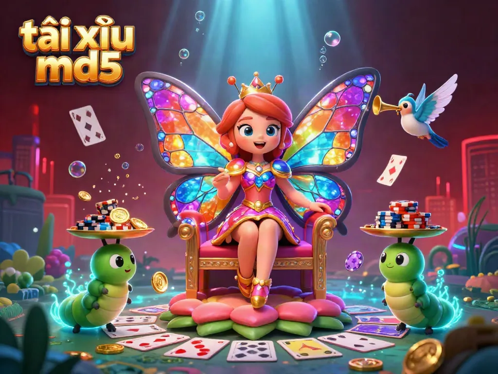 Engage in tài xỉu md5 gameplay with a vibrant butterfly queen surrounded by gold coins and cards.