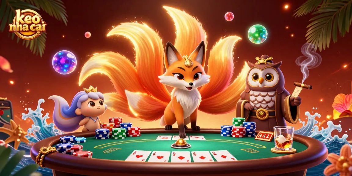 Engage in thrilling poker action with keo nha cai, featuring colorful fox spirit and wise owl.